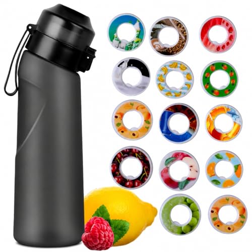 Generisch Sports Air scent Water Bottle Set 650 ML | includes 12 Fruit scent Flavor pods & straw | Drinking bottle in For Fitness And Outdoor | no calories sugar-free (Matte Black)