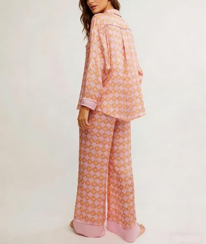 Image of Women Satin Pajama Set Floral Silk Pajamas 2 Piece Lounge Sets Button Down Shirts Wide Leg Pants Pjs Sleepwear
