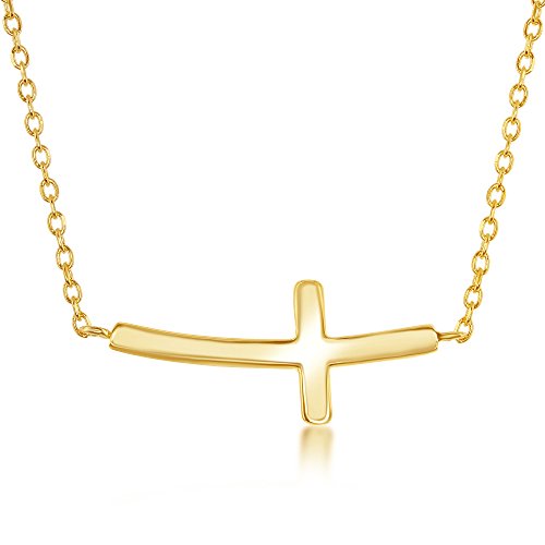 Beaux Bijoux Sterling Silver 14k Gold Plated Sideways Cross Necklace | Confirmation and Communion Jewelry | Curved Cross Pendant for Women