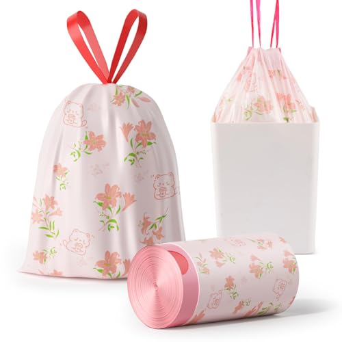 Image of Trash bags, 4 Gallon Trash Bags Drawstring, Colorful & Portable Small Trash Bags with Lily Printed, Tear-Resistant Garbage Bags 4 Gallon for Bathroom Office Trash Cans, 78 Count