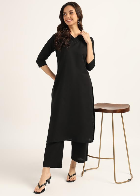 Image of BLOCKS OF INDIA Women's Solid Straight Kurta Set | Hand-Stitched Neck Details with Pintucks | Comfortable Pants with Pockets, Elastic Waist & Drawstring Fit