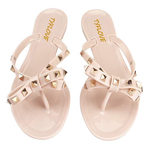 Image of TYFLOVE Women Rivet Flip Flops Studded Jelly Thong Sandals with Bow Summer Bowtie Flat Beach Rain Shoes