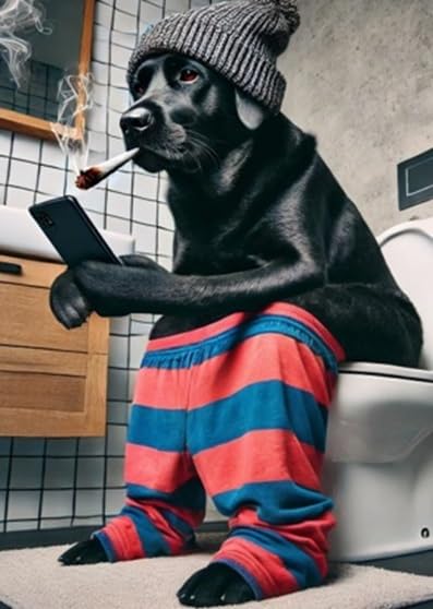 Parksmoonprints Funny Black Labrador Print Dog Smoking Spliff Lab on Toilet Phone Cannabis Leaf Cool Animal Joint Bathroom Ensuite Sign Picture Wall Art - Quirky Wall Art (Full Colour, A4 Size)