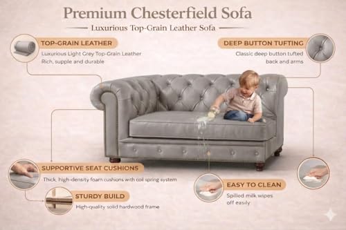 Image of Modern Classic Design Leatherette Luxury Chester Sofa Set with Button Tufted, Sofa for Living Room Home, Office and Lobby (Grey, 1 Seater Sofa)