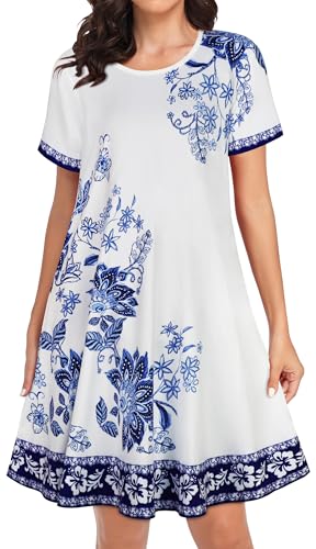 Image of Womens Summer Dresses Beach Casual Loose Tshirt Floral Short Sleeve Flowy Pockets Sundresses 2026