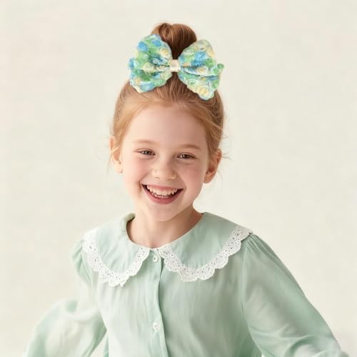 Wecoe Lazos para el cabello para niñas 3 piezas pascuales lazos florales de malla Clips de cabello broches Accesorios lindos para niñas miniatura 4
