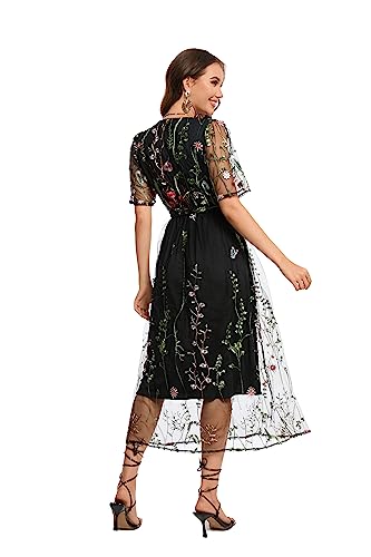Image of BaronHong Women's Floral Embroidered Tulle Prom Half-Sleeve V Neck Midi Dress with Waist Strap