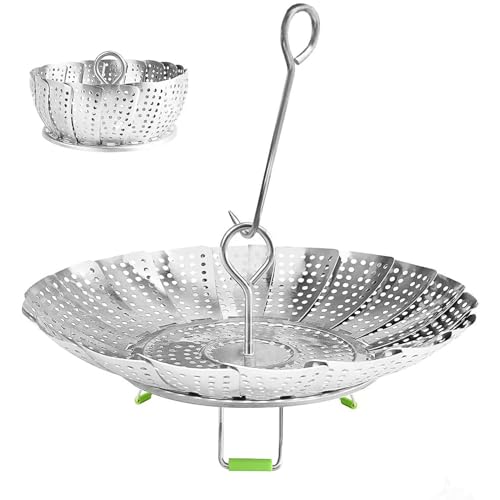 Cesta de vapor de verduras, plegable de acero inoxidable para cocinar verduras, pescado, mariscos, huevos hervidos con herramienta de seguridad, tamaños ajustables para adaptarse a varias ollas (6.4 a