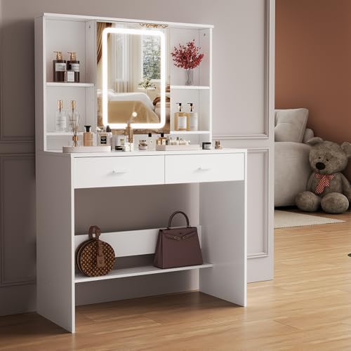 Flamaker Schminktisch mit Beleuchtung, Schminktisch mit Spiegel und LED-Beleuchtung in 3 Farben, Schminktische Weiß mit Schubladen