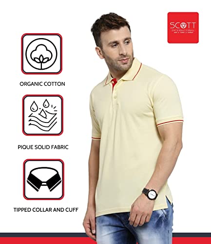 Image of Scott International Men's Organic Cotton Regular Fit Polo T-Shirt (Cream with Red, XL)
