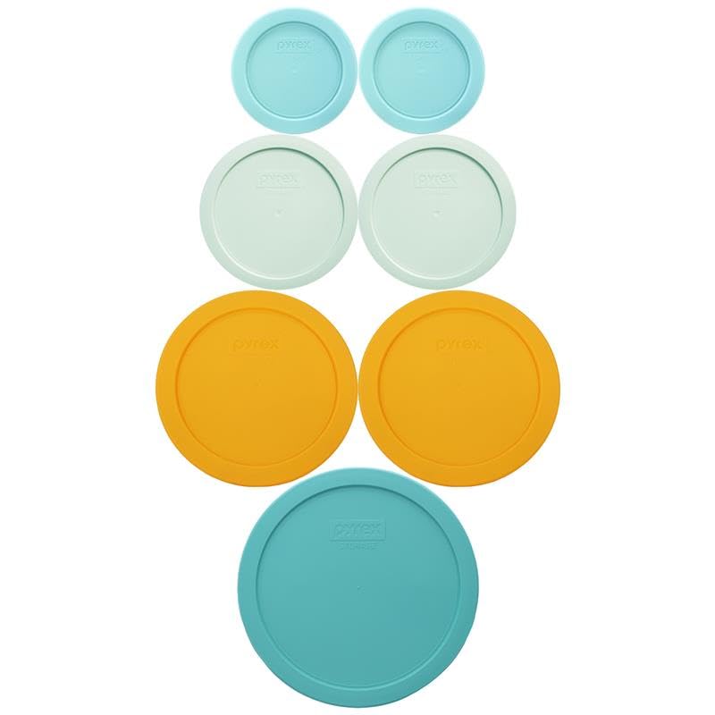 Image of Pyrex (1) 7402-PC 6 /7-Cup Sea Glass, (2) 7201-PC 4-Cup Lemondrop Yellow, (2) 7200-PC 2-Cup Sage Green, (2) 7202-PC 1-Cup Jade Dust Green Food Storage Replacement Lids - Made in USA