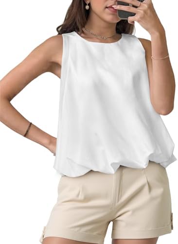 Cicy Bell Womens Silk Satin Cropped Tank Tops Bubble Hem Summer Trendy Sleeveless Shirts Crew Neck Loose Fit Blouses