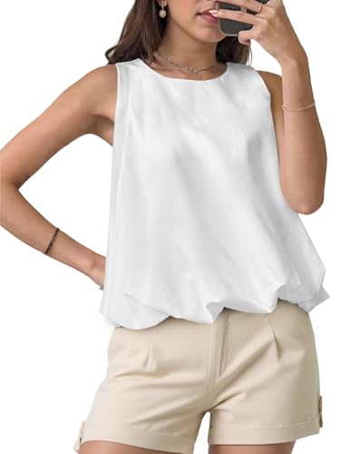 Cicy Bell Womens Silk Satin Cropped Tank Tops Bubble Hem Summer Trendy Sleeveless Shirts Crew Neck Loose Fit Blouses