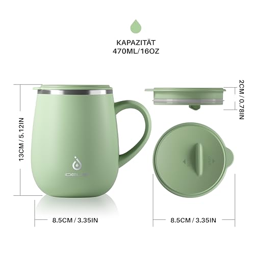 Ideus Kaffeebecher 470 ml (16 oz), doppelwandige vakuumisolierte Kaffee- und Teetasse aus Edelstahl mit rutschfestem Griff und Schiebemoduldeckel und großem Volumen (Grasgrün) – Bild 5