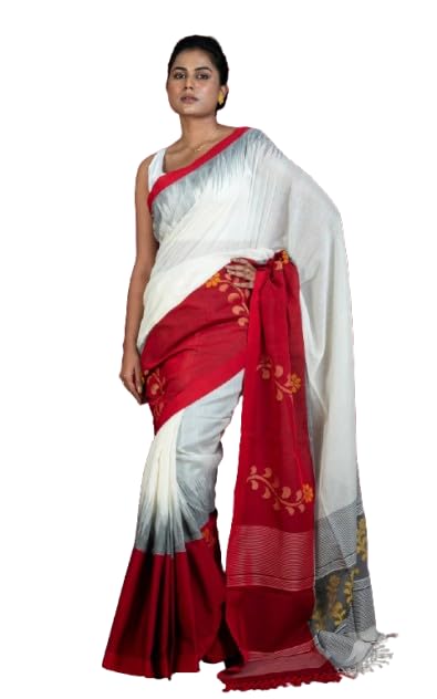 bengal looms india weaves of elegance Bengal Looms India Double Warp Khaddar Cotton Kadiyal Skirt Border Jamdani Saree for Women with Blouse Piece | Handwoven Ethnic Saree for Wedding, Festive, Party, Office & Pooja Wear-picture-32