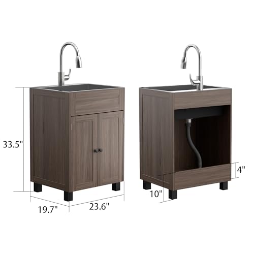 Image of VINGLI 24-Inch Laundry Sink with Cabinet and Pull-Out Sprayer Faucet, Stainless Steel Utility Sink with Cabinet and Drawer Combo, Cabinet with Sink for Laundry & Utility Room, Kitchen, Bathroom, Brown