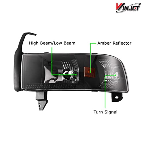 Winjet Headlights Assembly Street Series For [1994-2002 Dodge Ram 1500/94-02 Dodge Ram 2500 3500/95-02 Dodge Ram 4000], Headlamp Replacement With Dual Beam, Turn Signal Light And Amber Reflector #TOP1