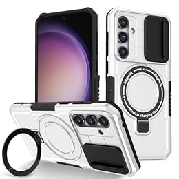 YOUULAR Ring Holder Sliding Window Magnetic Mobile Phone Case for Samsung Galaxy S23 FE,[Phone Holder] Matte Shockproof Protective Phone Cover S23 FE Military Cases White