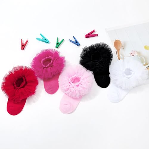 Zando Baby Girls Ruffle Socks, Lace Frilly Trim Seamless Fit Design Toddler Socks for Girls 1-8 Years, 3/5 Pairs4