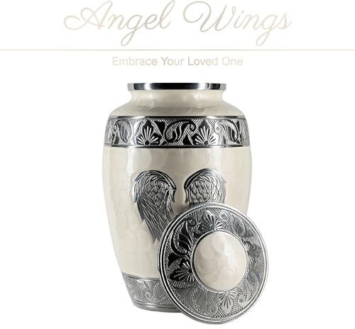Image of Cremation Urns for Human Ashes Adult Female and Male - Large Decorative Burial Funeral Urn with Angel Wings Design, Pearl White