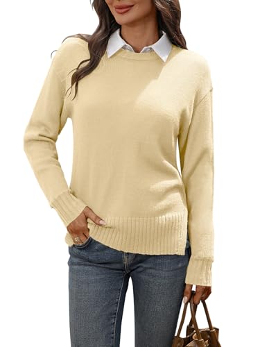 Women's Wool Blend Side Slit Hem Crewneck Long Sleeve Loose Fit Pullover Sweater