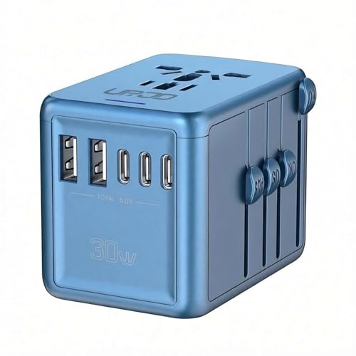 URJD Universal Travel Adapter with 5 USB C/A Ports 30W Fast Charging, 2500W AC Outlet, International Power Adapter for Europe UK Japan, Travel Charger for Phone Laptop, 200+ Countries 10A Safety Fuse
