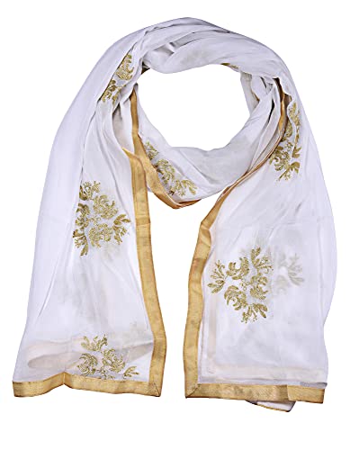 Image of Youthquake Golden Embroidered Work Chiffon Dupatta For Womens & Girls With 4 Side Gold Lace