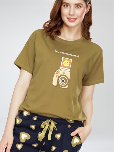 Image of ZEYO Night Suit for Women's Floral & Cheetah Printed Cotton Night Dress of Top and Short's Set 5737