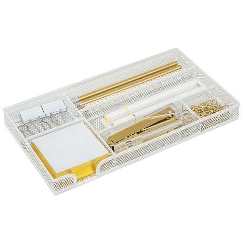 Exerz Bandeja organizadora de malla, inserto de cajón de escritorio de metal con 6 compartimentos, organizador apilable de cajones de oficina para papelería, maquillaje y accesorios (blanco)