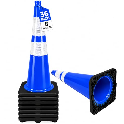 Image of BESEA 8 Pack 36 Inch Traffic Cones with Reflective Collars, Heavy Duty Safety Cones with Stable Black Base, Road Parking Cones for Traffic Control, Parking, Construction & Driving Practice(Blue)