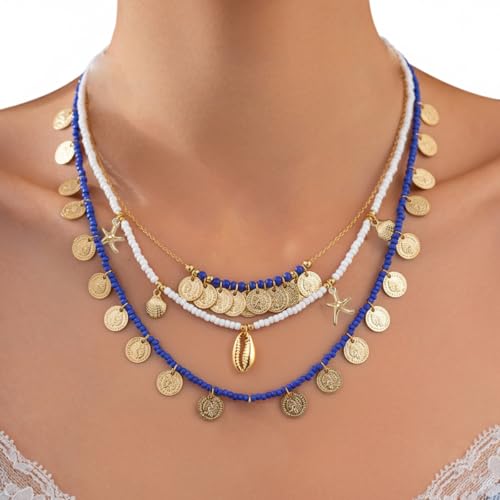 Image of SANNIDHI 3Pcs Necklace for Women Girls Boho Gold Seashell Starfish Pendant Necklaces Layered Beads Necklace Chains Beach Jewelry Gift Item for Women