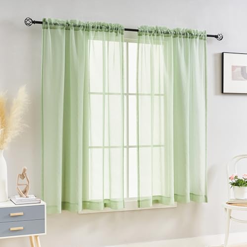 Image of MYSTIC-HOME Sheer Curtains Sage Green 63 Inch Length, Rod Pocket Voile Drapes for Living Room, Bedroom, Window Treatments Semi Crinkle Curtain Panels for Yard, Villa, Parlor, Set of 2, 52 inchx 63 inch