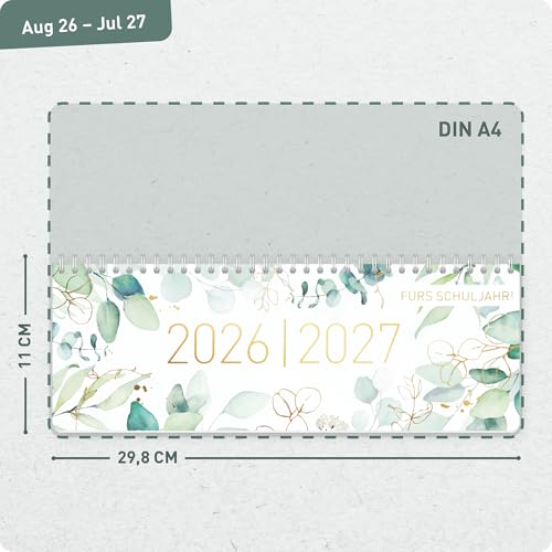 Häfft® Wochen-Tischkalender Schuljahr 2026/2027 Blattgold im Quer-Format mit Aufsteller, 1 Woche auf 2 Seiten - Schreibtisch-Kalender Schule mit Ferienübersicht für DE & AT