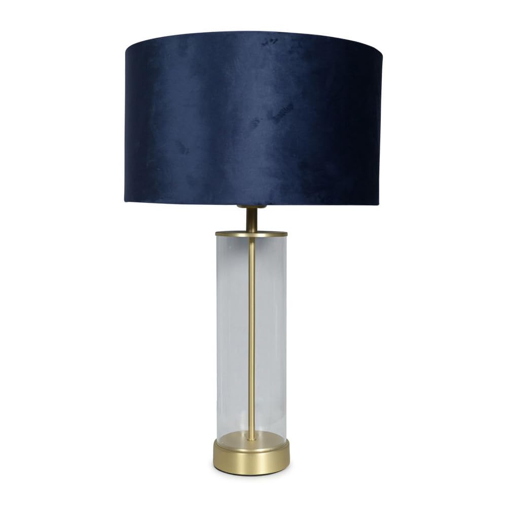 Valuelights Unisex Navy Balan Glass & Matt Gold Table Lamp W/ Velvet Drum Lamp Shade & Led Bulb In