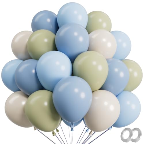Image of RainbowQ Sage Green and Blue Balloons: 67PCS 12 inch Light Blue Green Sand White Latex Helium Dusty Balloons Set for Anniversary Boho Wedding Birthday Party Decorations