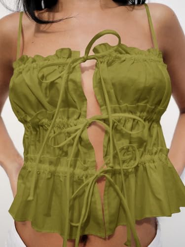 Image of Tankaneo Womens Summer Tie Front Crop Tops Cute Ruffle Ruched Spaghetti Strap Tank Tops Y2K Going Out Shirts