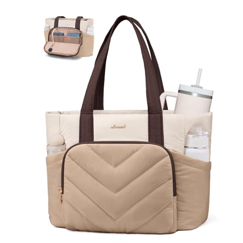 Image of LOVEVOOK Puffer Tote Bag for Women, V-Quilted Puffy Teacher Tote Nurse Bag, Large Shoulder Laptop Purse for Work Travel Gym