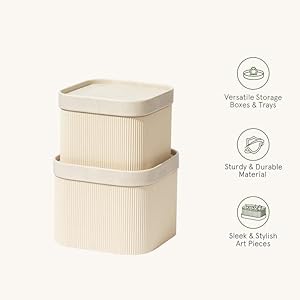LA JOLIE MUSE Fluted Cardboard Storage Baskets with Leather-Like Lids, Paper Boxes Decorative Tray, Basket Organizer Bins for Jewelry Shelve Bathroom Bedroom Organizing, Beige, Set of 2 LA JOLIE MUSE Fluted Cardboard Storage Baskets with Leather Like Lids Paper Boxes Decorative Tray Basket Organizer Bins for Jewelry Shelve Bathroom Bedroom Organizing Beige Set of 2