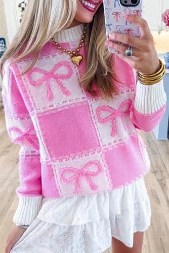 Women's Pink Bow Knot Two Tone Checkered Crew Neck Sweater - Chic Winter Style2