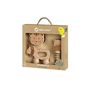 Bebeconfort houten speelgoed voor baby’s, duurzaam educatief speelgoed van 100% FSC-hout, schattige cadeauset voor baby’s: rolspeelgoed + klokkenrammelaar + rammelketting, bruin