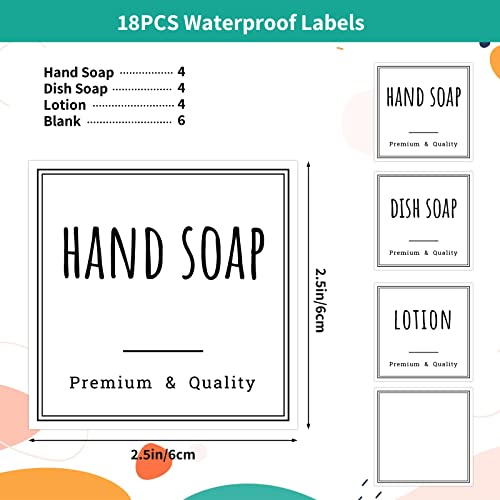 Image of Segbeauty 18pack Waterproof Soap Labels, Farmhouse Kitchen Bathroom Organization Labels, 2.5in Reusable Removable Cleaning Hand Soap Dispenser Stickers for 10oz 16oz 32oz Plastic or Glass Bottles