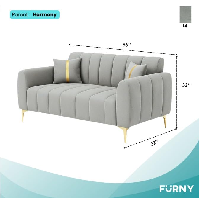 Image of FURNY Harmony 2 Seater Velvet Fabric Sofa Set (Light Grey) with Golden Finish Legs Durable & Comfortable Ideal for Living Room