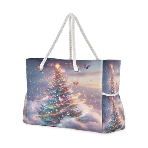 Large Beach Bags Totes Canvas Tote Shoulder Bag Dreamy Christmas Tree Butterfly Water Resistant Bags for Gym Travel Daily