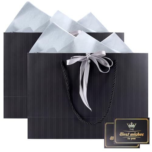 KATIMI 2 Piezas Bolsas de Regalo, Bolsa Regalo con Cinta + Asa + 2 Tarjeta de Felicitación + 4 Papel Sydney, Bolsas Regalo Grande para Celebración Fiesta Boda Navidad (Negro)
