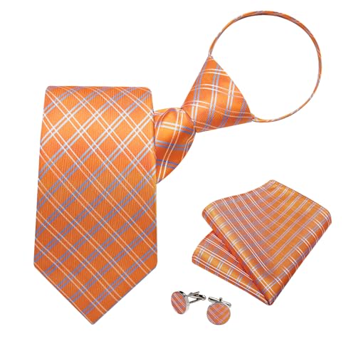 Image of DiBanGu Silk Zipper Ties for Men,Paisley Solid Plaid Pre-tied Tie and Pocket Square Cufflinks Set Formal Adjustable Necktie