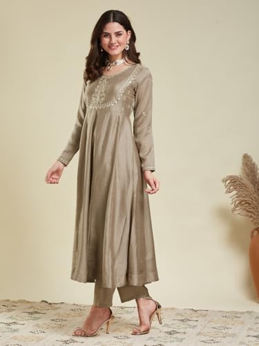 Image of MOKOSH Women's Silk Embroidery Anakrali Kurta Pant with Dupatta | Anarkali Kurta Set | Round Neck Full Sleeve Ethnic Suit | Floral Kurta 7 Colour Option Available | 3 Piece Outfit