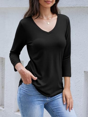 Womens V Neck 3/4 Sleeve T Shirts Basic Curved Hem Tunic Tops Casual Loose Fit Tees 20254