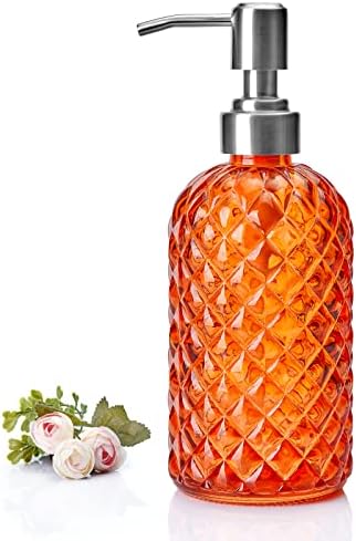 Aywaiw 12 oz Diamond Stripe Glass Soap Dispenser, 304 Rust Proof Glass Soap Dispenser, Orange Glass Bottle Soap Dispenser with Pump; Restroom Soap Dispenser