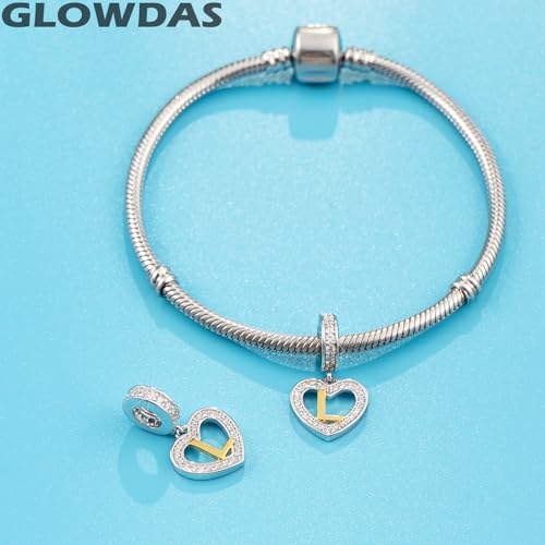 Image of GLOWDAS 18K Gold Plated Letter Charms Initial A to Z Necklace Pendant, 925 Sterling Silver CZ Heart Dangle Alphabet Beads fit European DIY Bracelet, Gifts for Valentiens /Christmas /Family