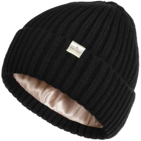 YANIBEST Winter Hats for Women Satin Lined Beanie for Cold Weather Beanie Hat for Women Men Winter Warm Knit Hats Black Cover